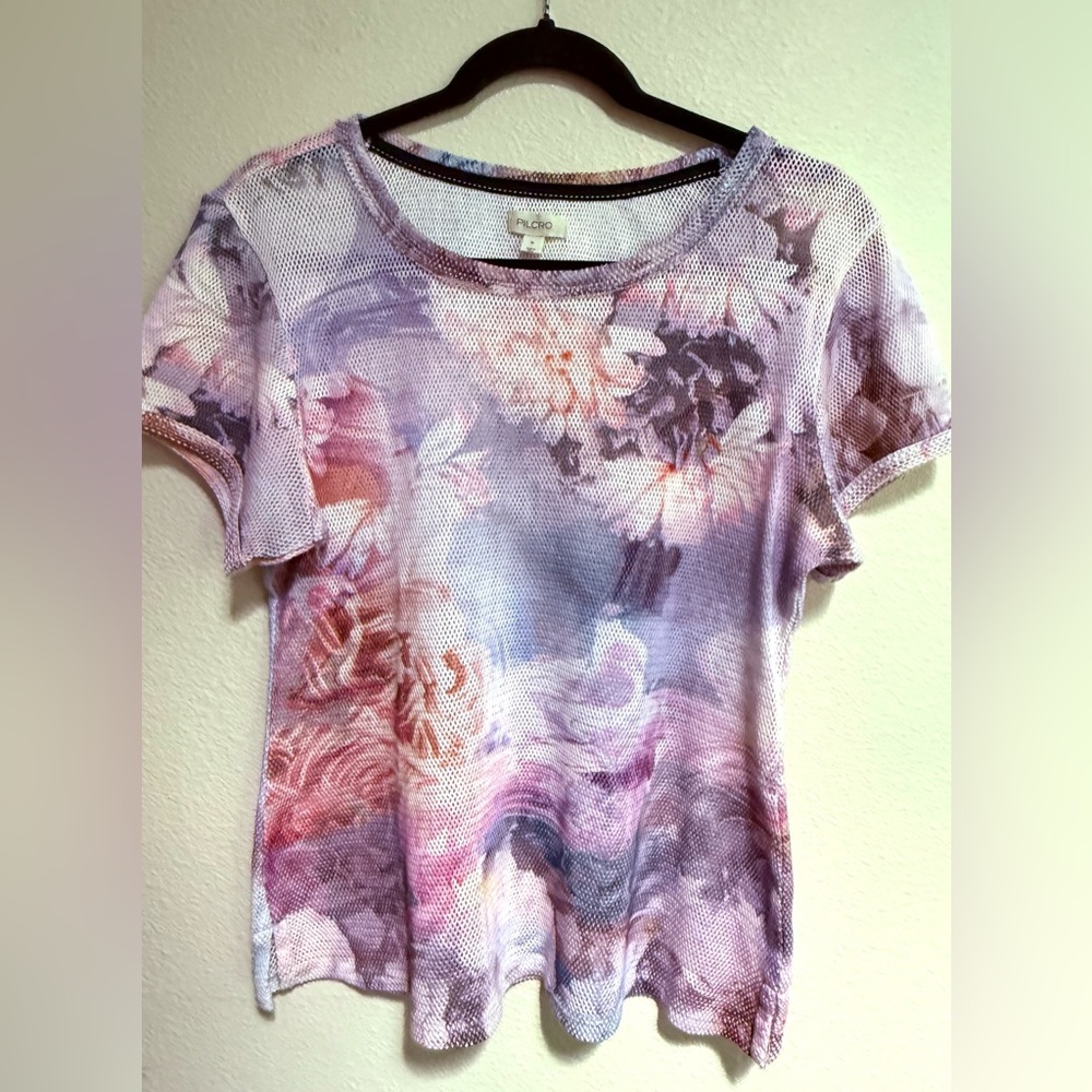 Pilcro Anthro Pastel Lavender & Pink Floral Mesh Ringer Tee Sz M Purple Y2K